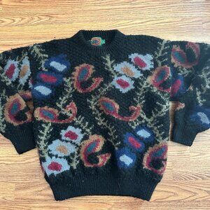 Vintage Boston Trader 100% Wool Sweater Black Multi Paisley Print Size Large